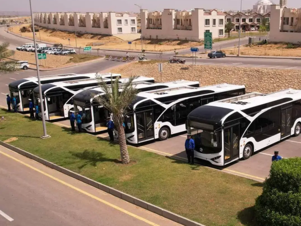 Peoples Electric bus Service Parking at inauguration ceremony