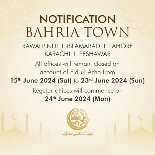 Official Eid-al-Adha Notification from Bahria Town