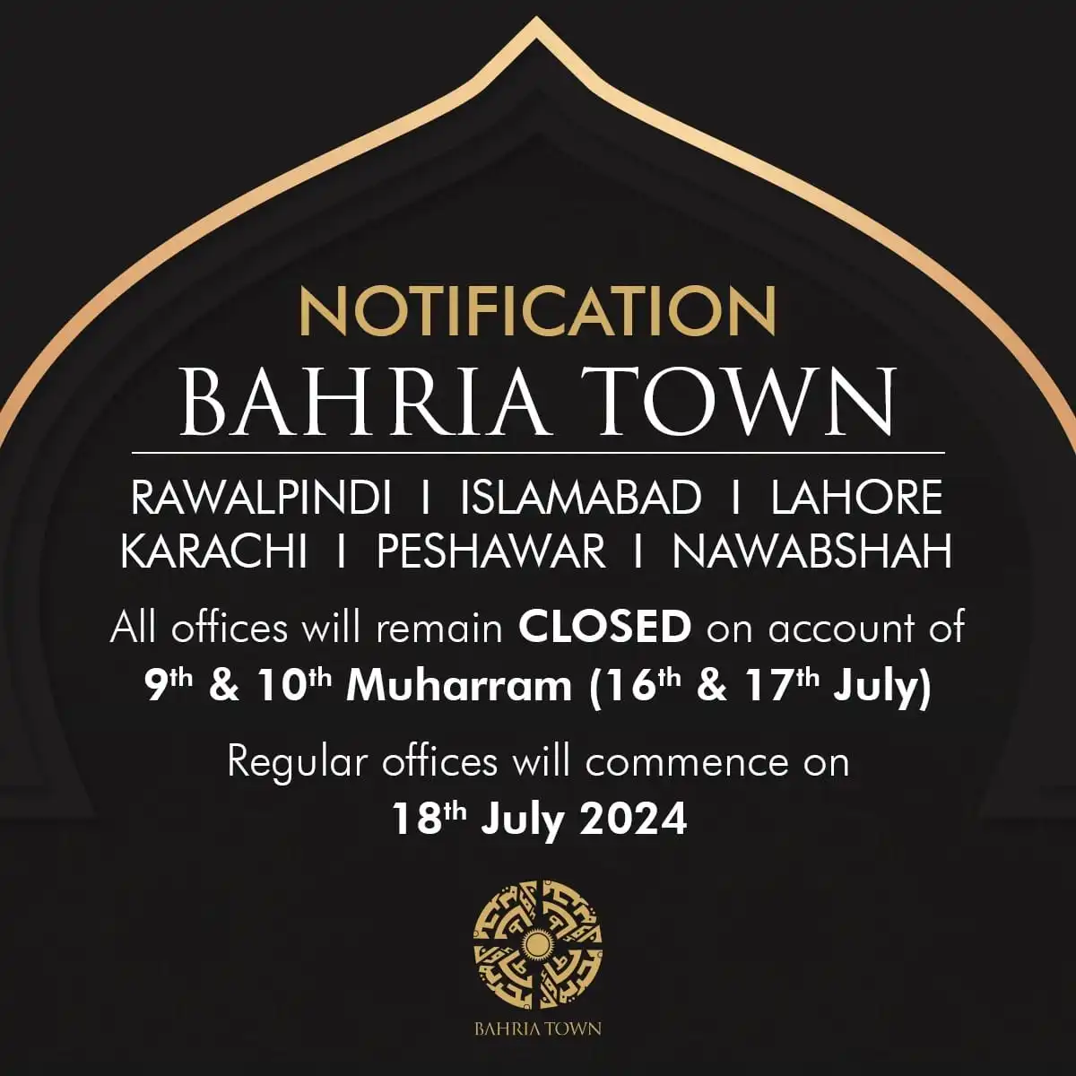 Bahria Town Karachi Muharram Holidays